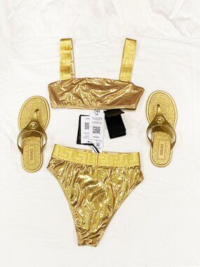 Versace Metallic Gold Greca Bikini + Alia 55 Sandals 3-Piece Resort Set